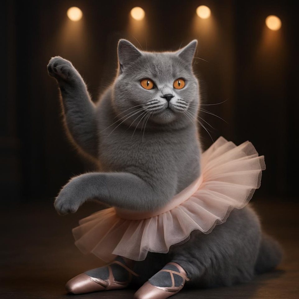 Ballerina style British Shorthair cat portrait result with tutu and dance accessories - AI generated cat artwork