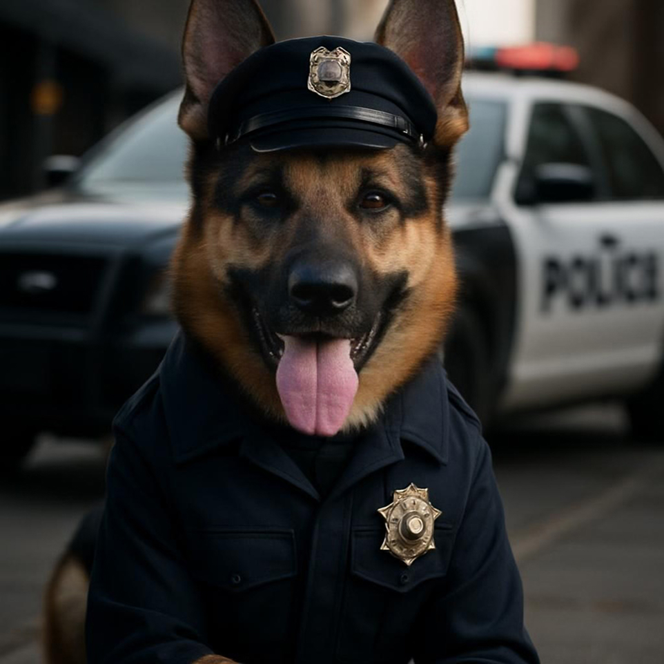 Police K9 style German Shepherd portrait result with badge and tactical gear - AI generated police dog art